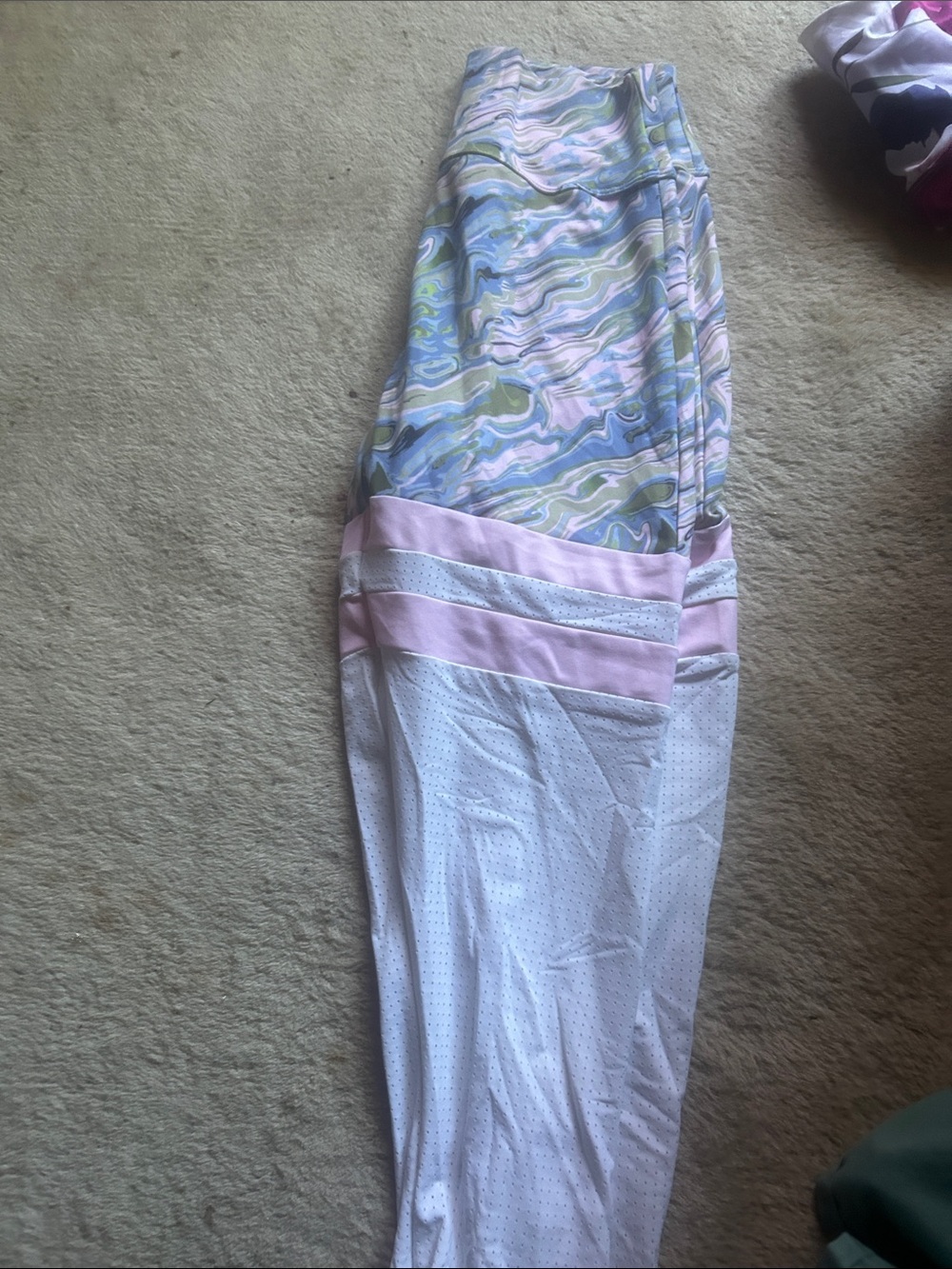 Pastel Marble Print Leggings with Pink & White Panels